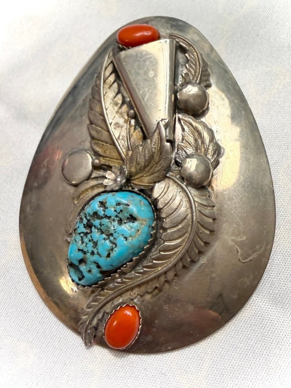 Vintage Southwestern Turquoise Orange Red Cabochon Sterling Silver Pendant Leaf